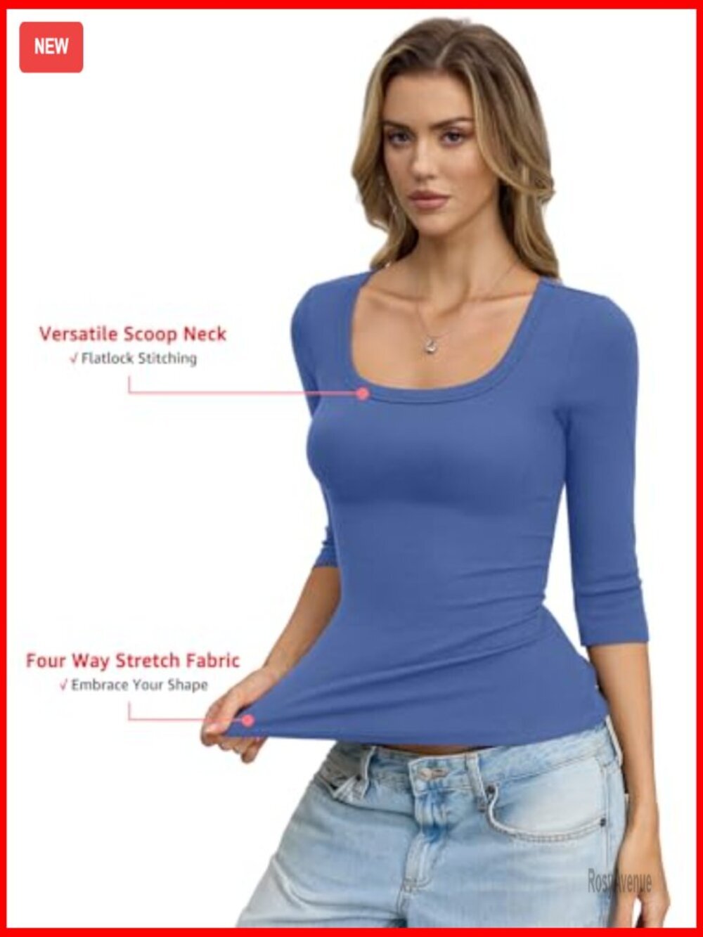 Cotton Ribbed 3/4 Sleeve Scoop Neck Slim Fit T-Shirt Y2K Style - Picture 3 of 7